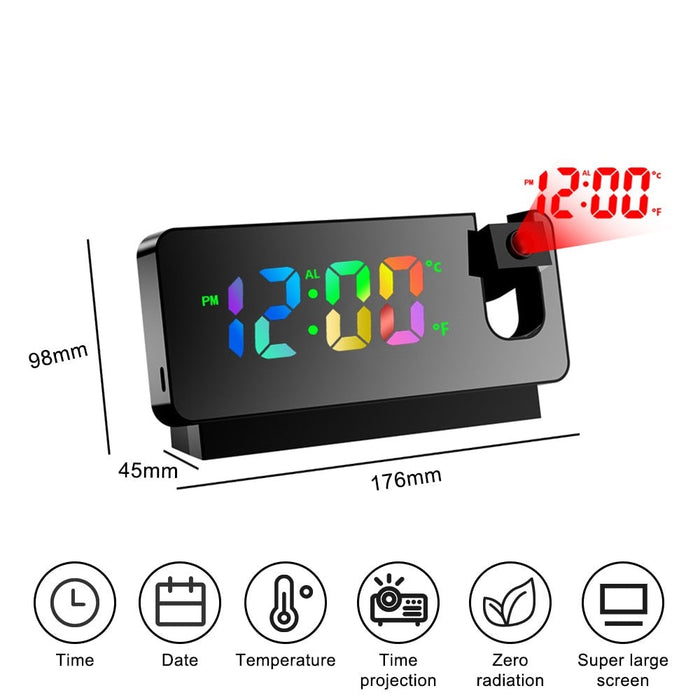 Digital Projection Alarm Clock with Adjustable LED Display: black, gray digital projection alarm clock, modern minimal style