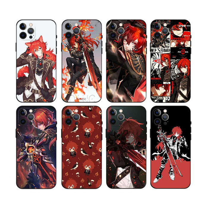 Diluc Genshin Impact Phone Case: red, black red-haired anime-style character, anime, cartoon, dramatic graphic style