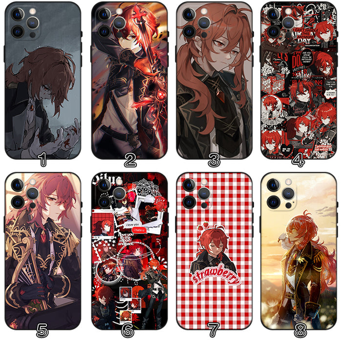 Diluc Genshin Impact Phone Case: red, black red-haired anime-style character, anime, cartoon, dramatic graphic style
