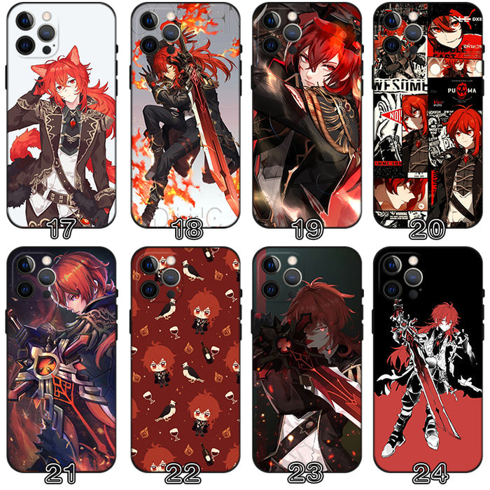 Diluc Genshin Impact Phone Case: red, black red-haired anime-style character, anime, cartoon, dramatic graphic style