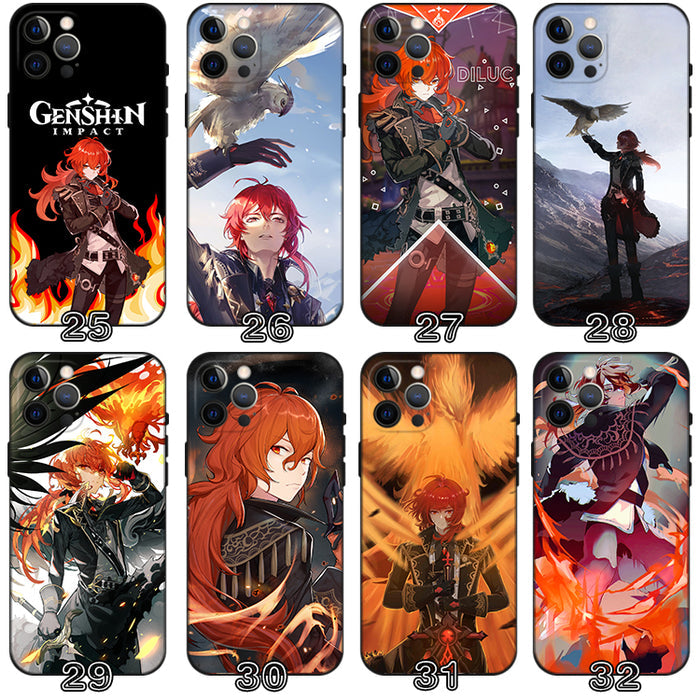 Diluc Genshin Impact Phone Case: red, black red-haired anime-style character, anime, cartoon, dramatic graphic style