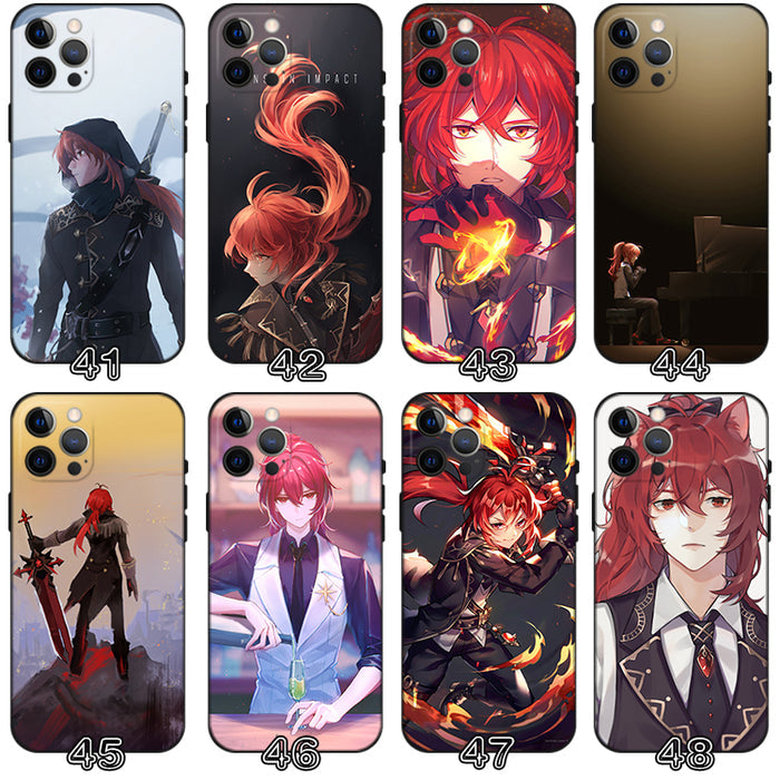 Diluc Genshin Impact Phone Case: red, black red-haired anime-style character, anime, cartoon, dramatic graphic style