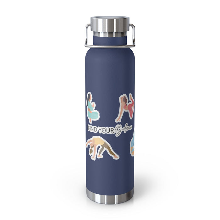 Discover Equilibrium: 22oz Thermos Bottle for Yoga Poses: navy blue, silver yoga/fitness-themed illustrations, minimal sporty
