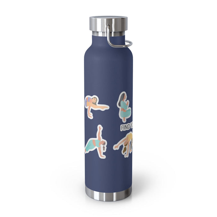 Discover Equilibrium: 22oz Thermos Bottle for Yoga Poses: navy blue, silver yoga/fitness-themed illustrations, minimal sporty