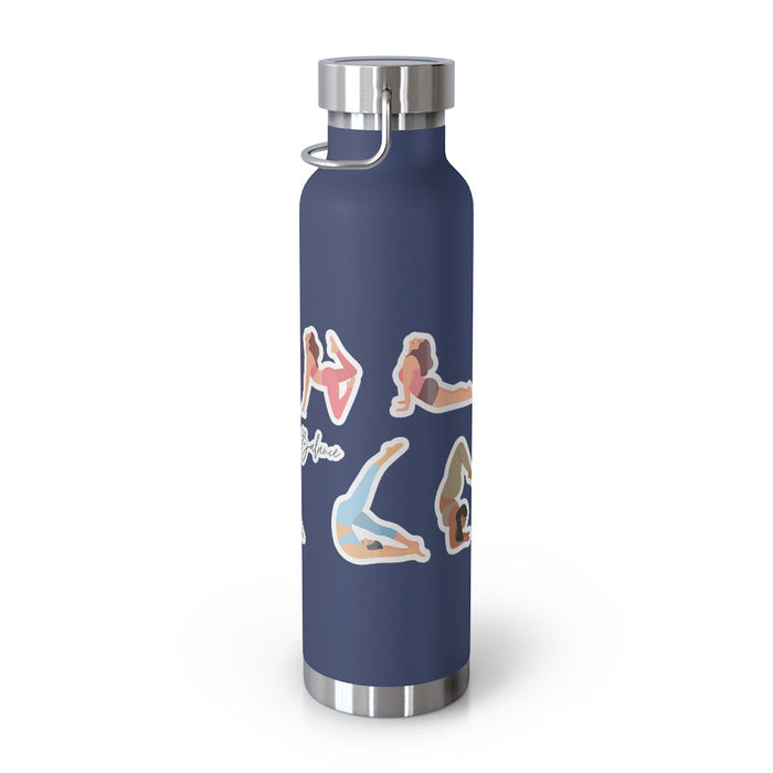 Discover Equilibrium: 22oz Thermos Bottle for Yoga Poses: navy blue, silver yoga/fitness-themed illustrations, minimal sporty