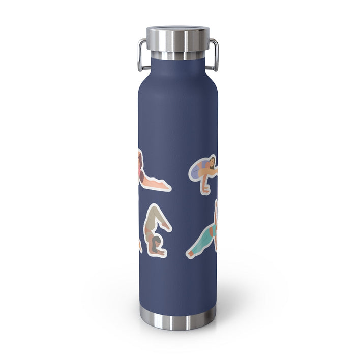 Discover Equilibrium: 22oz Thermos Bottle for Yoga Poses: navy blue, silver yoga/fitness-themed illustrations, minimal sporty
