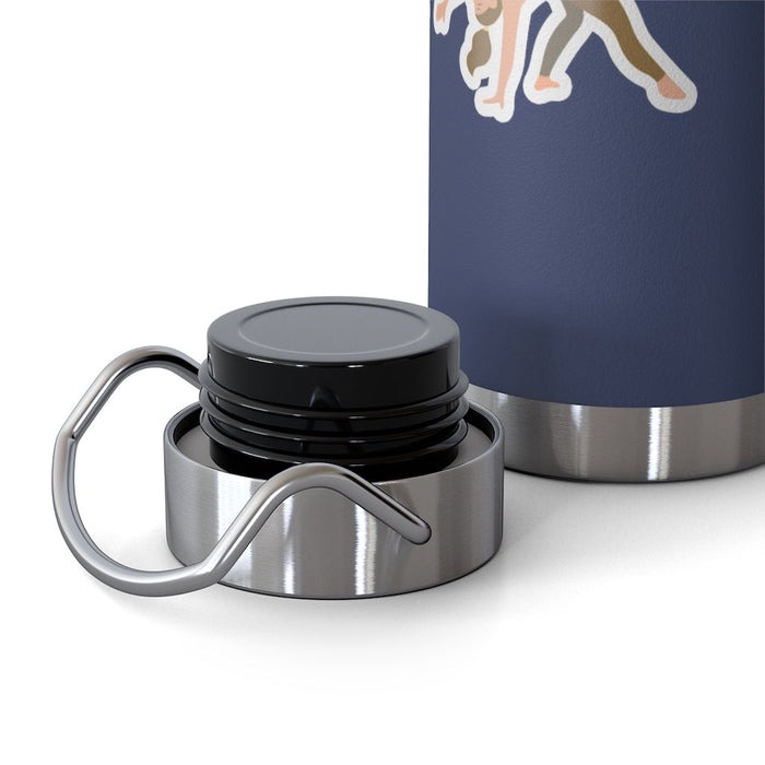 Discover Equilibrium: 22oz Thermos Bottle for Yoga Poses: navy blue, silver yoga/fitness-themed illustrations, minimal sporty