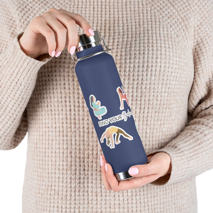 Discover Equilibrium: 22oz Thermos Bottle for Yoga Poses: navy blue, silver yoga/fitness-themed illustrations, minimal sporty