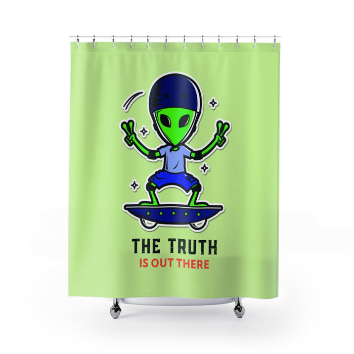 Discover the Reality Shower Curtains: light green, dark blue cartoon alien on a skateboard