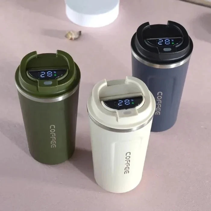 Displaying Digital Thermal Mug: olive green, off-white lidded beverage tumblers, minimal modern style