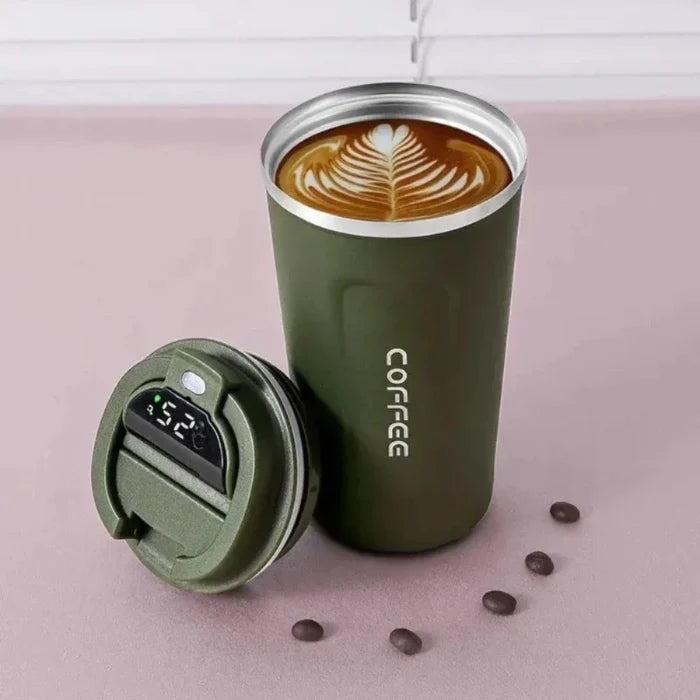 Displaying Digital Thermal Mug: olive green, off-white lidded beverage tumblers, minimal modern style