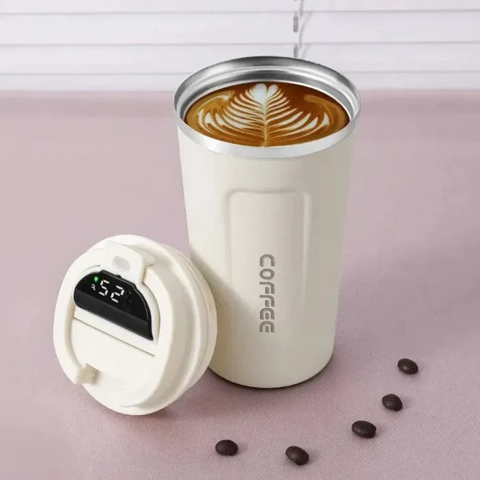 Displaying Digital Thermal Mug: olive green, off-white lidded beverage tumblers, minimal modern style