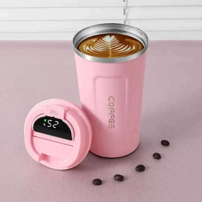 Displaying Digital Thermal Mug: olive green, off-white lidded beverage tumblers, minimal modern style