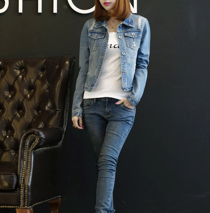 Distressed Denim Jacket for Women: light blue, white denim jacket, casual style