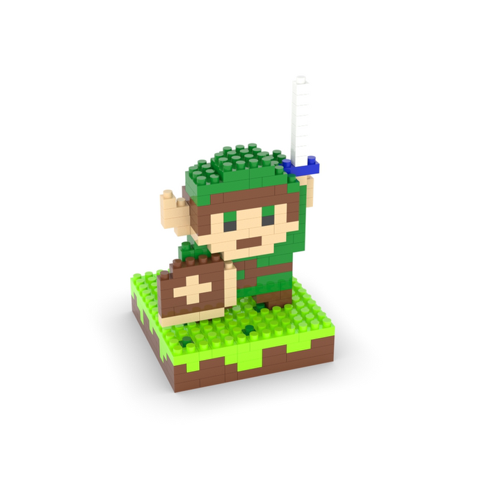 DIY Legend of Zelda Building Blocks: green, brown cartoon adventurer character, cartoon, pixel-art, building-block style
