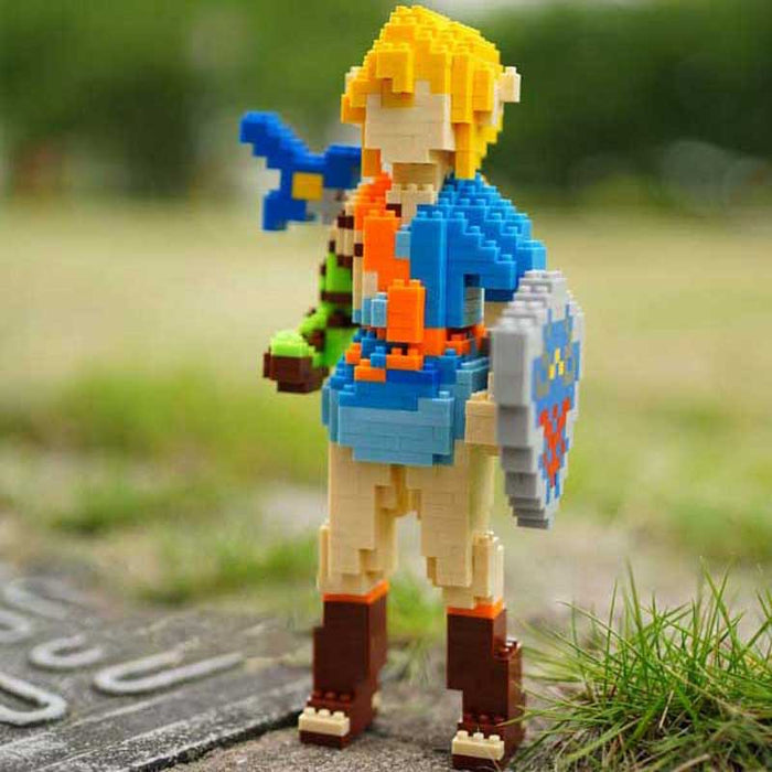 DIY Legend of Zelda Building Blocks: green, brown cartoon adventurer character, cartoon, pixel-art, building-block style