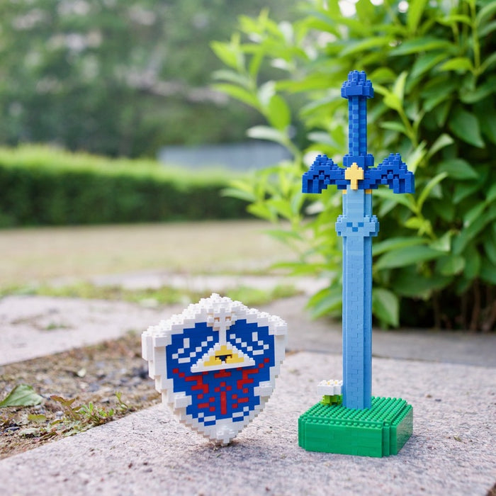 DIY Legend of Zelda Building Blocks: green, brown cartoon adventurer character, cartoon, pixel-art, building-block style