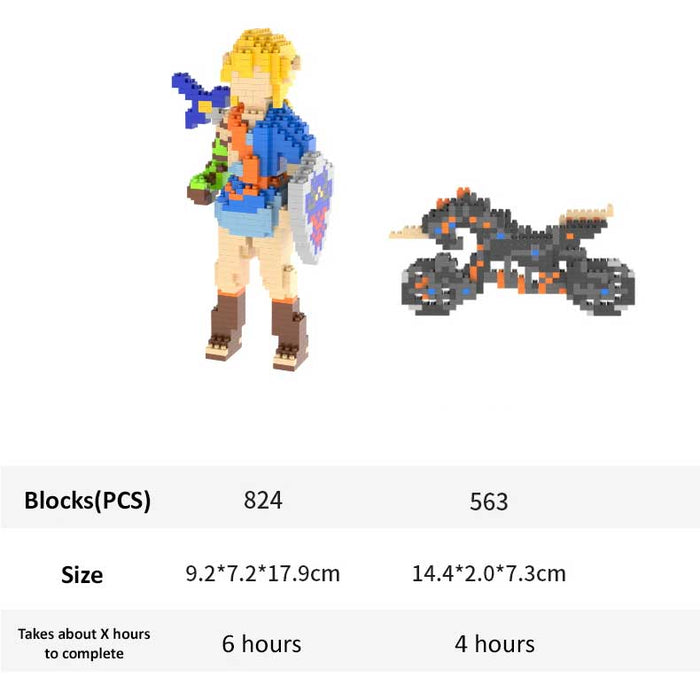 DIY Legend of Zelda Building Blocks: green, brown cartoon adventurer character, cartoon, pixel-art, building-block style