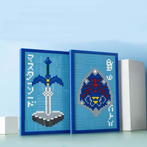 DIY Zelda Mini Blocks Building Set: blue, light blue shield emblem resembling a fantasy game crest, pixel art, gaming-inspire