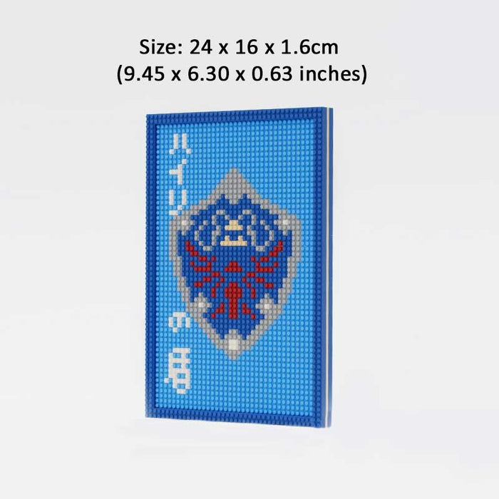 DIY Zelda Mini Blocks Building Set: blue, light blue shield emblem resembling a fantasy game crest, pixel art, gaming-inspire