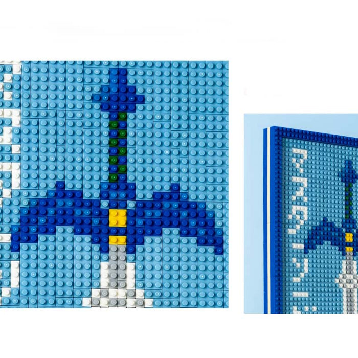 DIY Zelda Mini Blocks Building Set: blue, light blue shield emblem resembling a fantasy game crest, pixel art, gaming-inspire