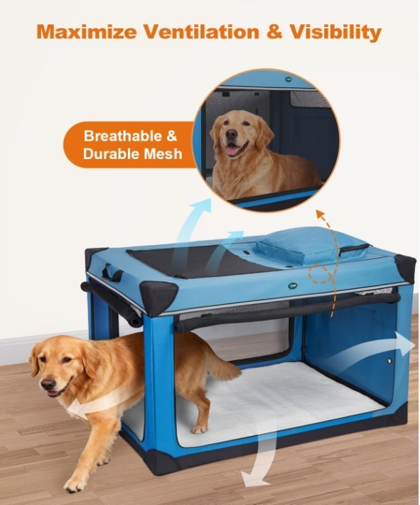 Dog Crate XXL Folding 4 Door Soft Fabric Kennel 121cm Portable Steel Blue-241