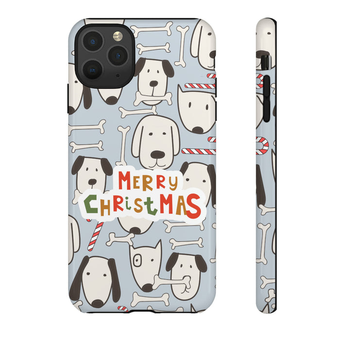 Dog Pattern Festive Holiday Tough Cases: light blue, white cartoon dogs with bones and Christmas candy canes, cartoon, festiv