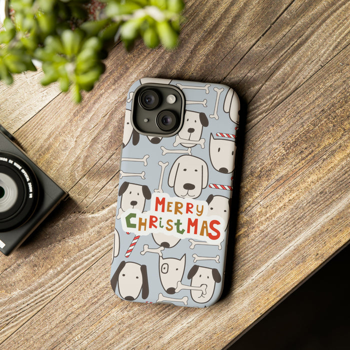 Dog Pattern Festive Holiday Tough Cases: light blue, white cartoon dogs with bones and Christmas candy canes, cartoon, festiv