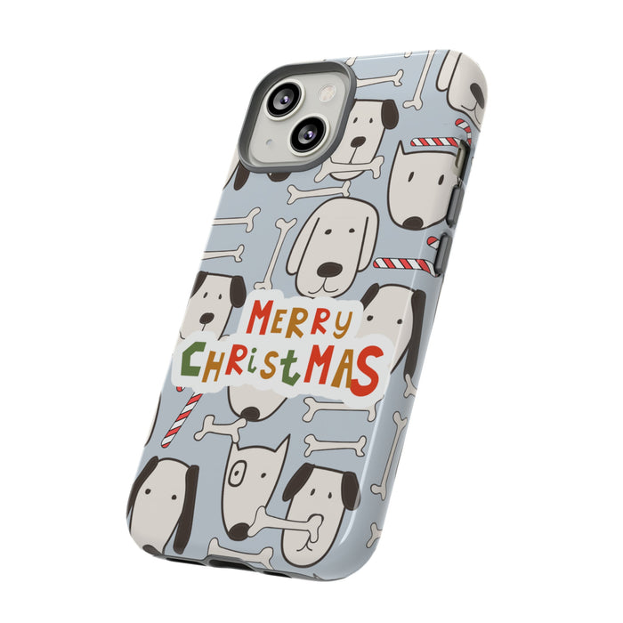 Dog Pattern Festive Holiday Tough Cases: light blue, white cartoon dogs with bones and Christmas candy canes, cartoon, festiv