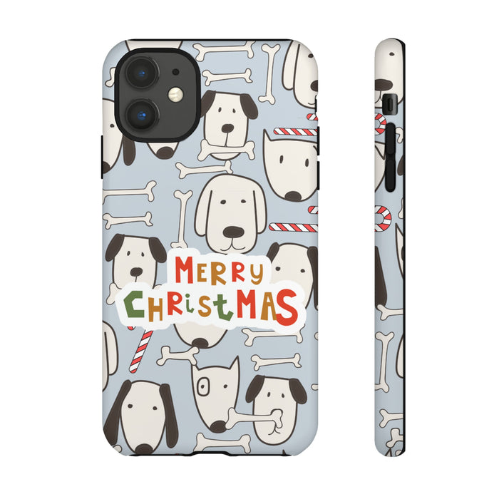 Dog Pattern Festive Holiday Tough Cases: light blue, white cartoon dogs with bones and Christmas candy canes, cartoon, festiv