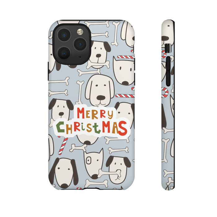 Dog Pattern Festive Holiday Tough Cases: light blue, white cartoon dogs with bones and Christmas candy canes, cartoon, festiv