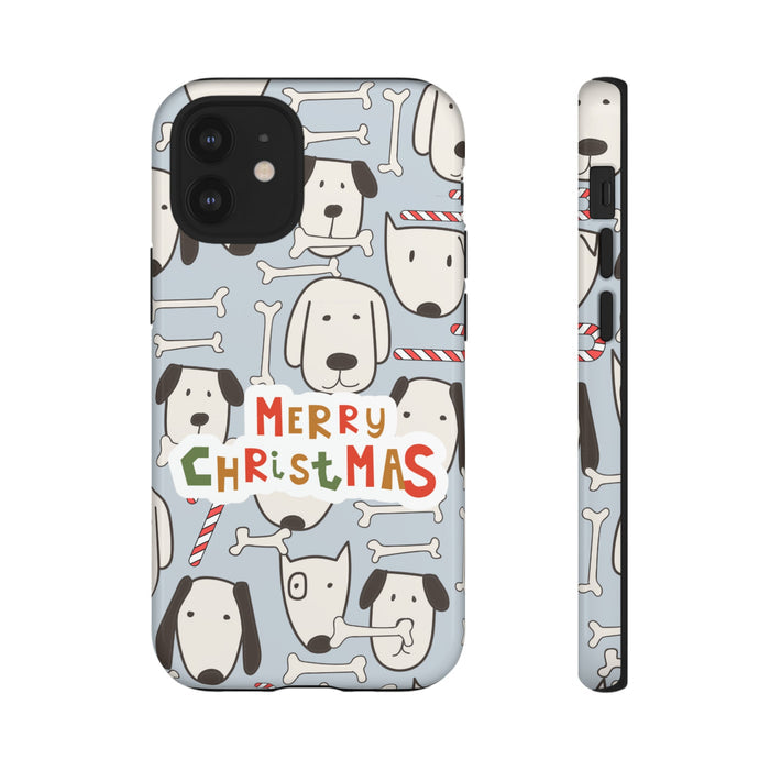 Dog Pattern Festive Holiday Tough Cases: light blue, white cartoon dogs with bones and Christmas candy canes, cartoon, festiv