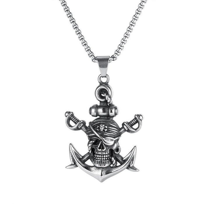 Double-Edged Sword Pirate Anchor Pendant Necklace: silver, dark gray pirate skull with anchor, pirate-themed gothic style