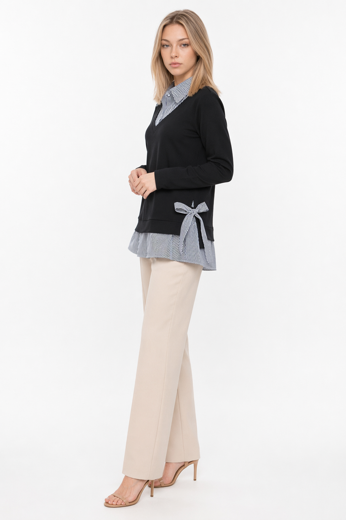 Double Layer Bow-Trimmed Women's Faux Shirt BLACK