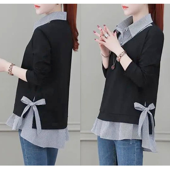 Double Layer Bow-Trimmed Women's Faux Shirt: black, white long-sleeve layered-look top, casual layered-look style