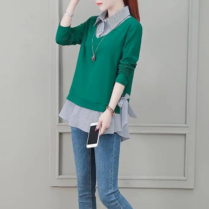 Double Layer Bow-Trimmed Women's Faux Shirt: black, white long-sleeve layered-look top, casual layered-look style