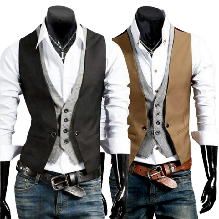 Double Layer Men's Vest: black, brown men's layered vest outfit, smart casual layered menswear style