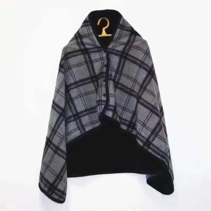 Double Layered Checkered Blanket with Versatile Functions: cream, dark gray wearable blanket/poncho, minimal style