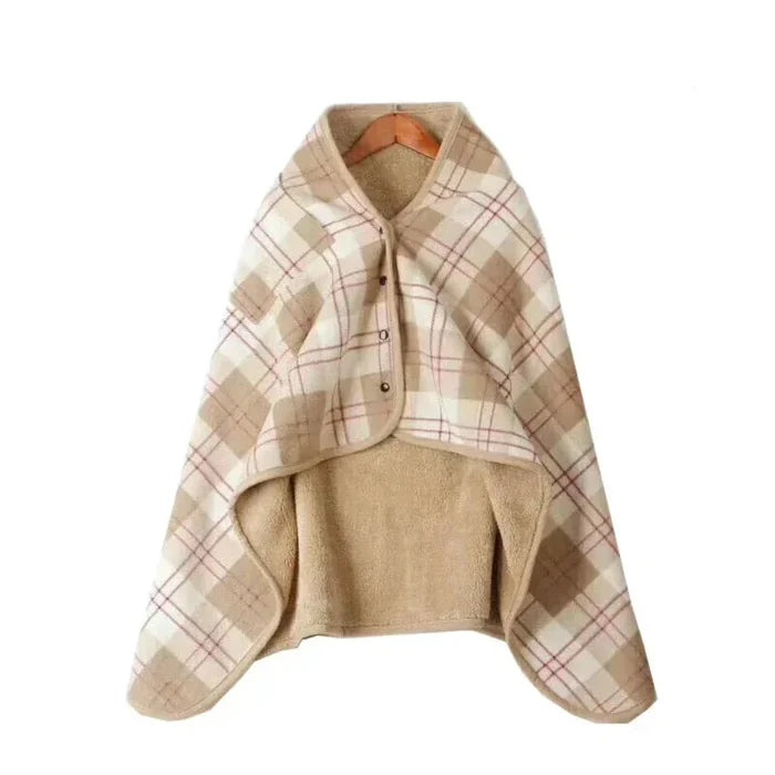 Double Layered Checkered Blanket with Versatile Functions: cream, dark gray wearable blanket/poncho, minimal style