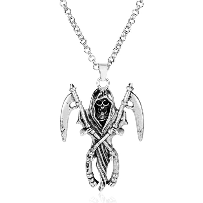 Double Sickle Necklace of the Divine Reaper: silver Grim Reaper skeleton figure, gothic style
