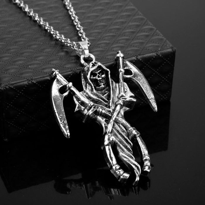 Double Sickle Necklace of the Divine Reaper: silver Grim Reaper skeleton figure, gothic style