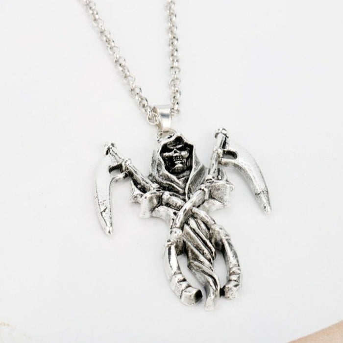 Double Sickle Necklace of the Divine Reaper: silver Grim Reaper skeleton figure, gothic style