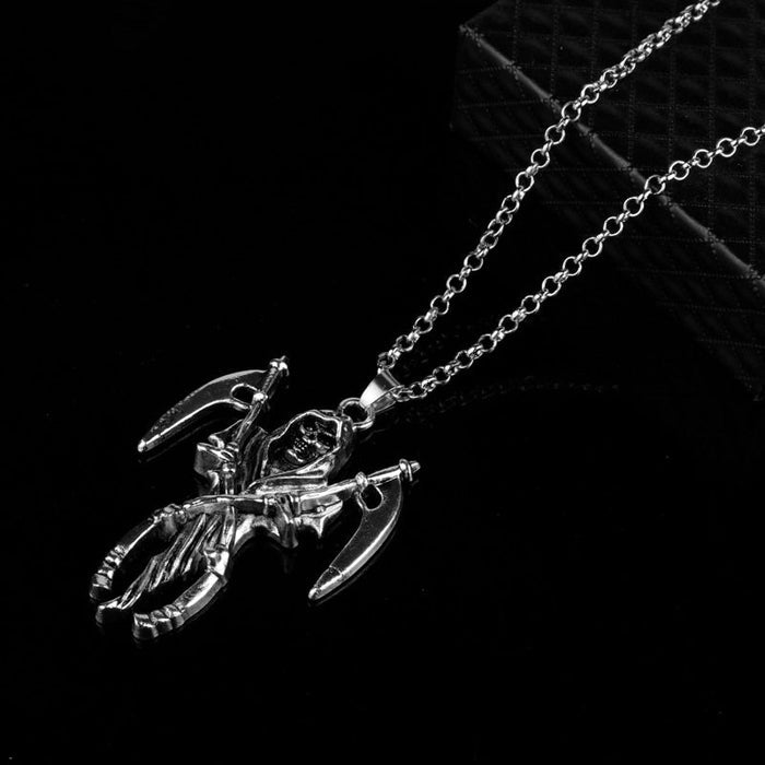 Double Sickle Necklace of the Divine Reaper: silver Grim Reaper skeleton figure, gothic style