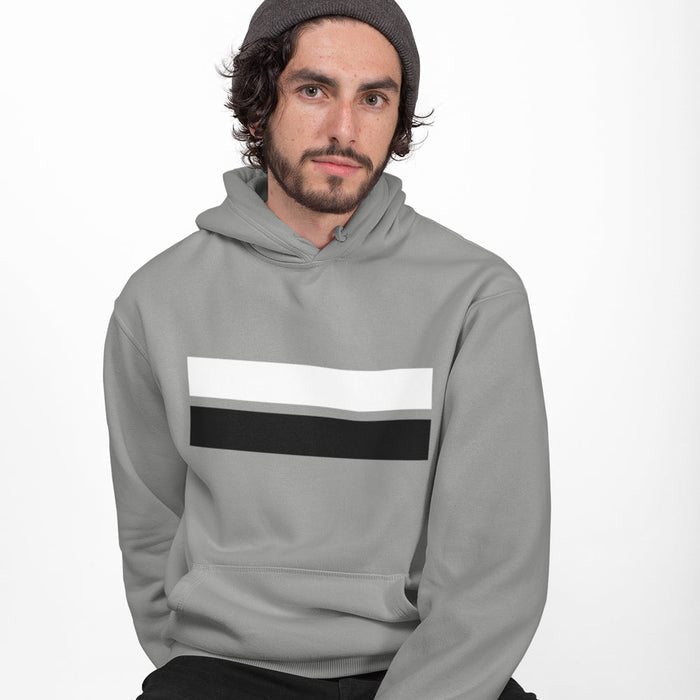 Double Strip Men's Hoodie: gray, white hooded sweatshirt, minimal style