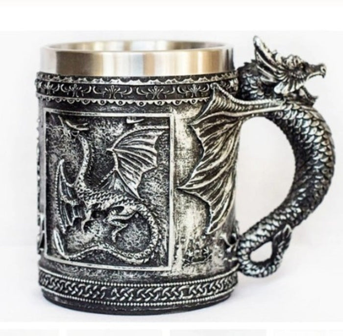 Dragon Design Stainless Steel Mug, 12oz Capacity: silver, dark gray dragon, fantasy gothic style