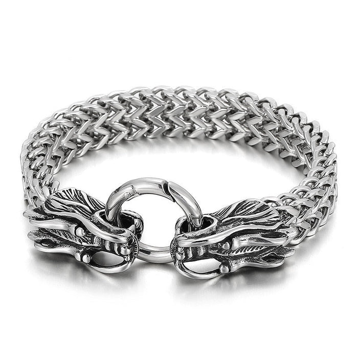 Dragon Duo Link Bracelet: silver dragon heads, ornate fantasy biker style