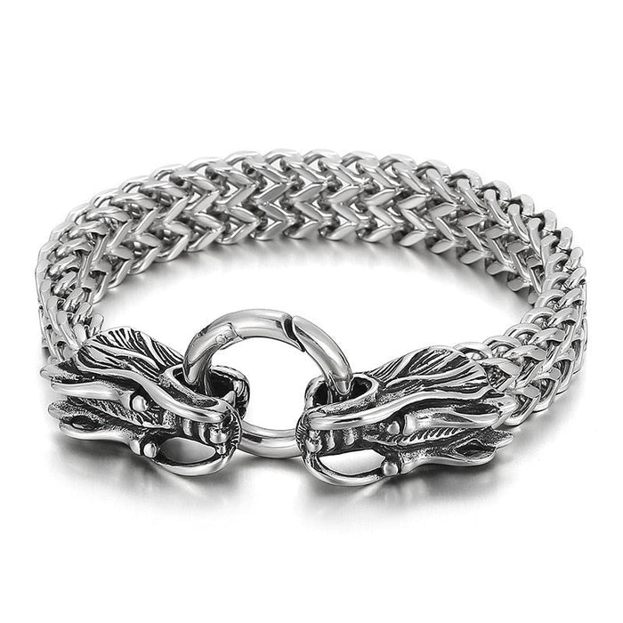 Dragon Duo Link Bracelet: silver dragon heads, ornate fantasy biker style
