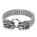 Dragon Duo Link Bracelet: silver dragon heads, ornate fantasy biker style