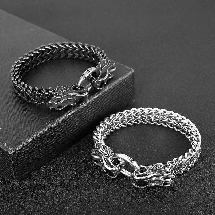 Dragon Duo Link Bracelet: silver dragon heads, ornate fantasy biker style