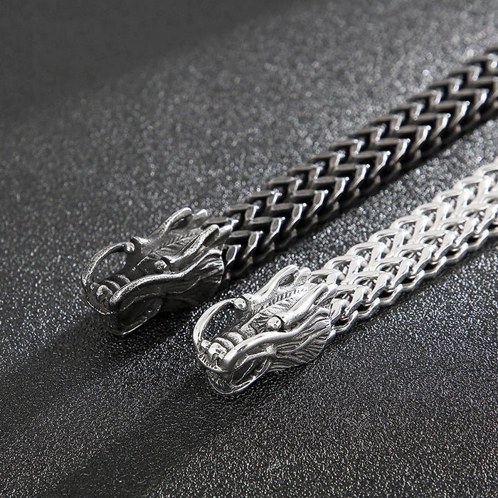 Dragon Duo Link Bracelet: silver dragon heads, ornate fantasy biker style